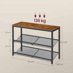 VASAGLE Etajera pantofi cu 3 niveluri, rafturi metalice reglabile si blat superior, stil industrial, 75x28x53 cm, maro rustic