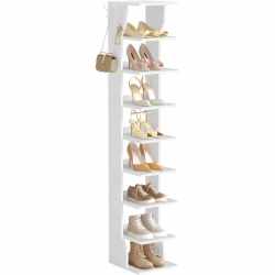 VASAGLE Raft pantofi pentru spatii inguste, 9 niveluri, cu carlige laterale, montaj pe podea, 26x30x147 cm, alb