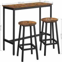 VASAGLE Set masa bar cu 2 scaune rotunde, cadru metalic, stil industrial, 100x40x90 cm, maro rustic