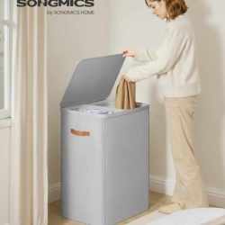 SONGMICS Cos rufe cu 2 compartimente si capac, saci detasabili cu maner, 170 litri, 56x40x75 cm, gri