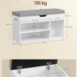 VASAGLE Pantofar cu banca, capitonata, 3 compartimente, sarcina 150 kg, 30x80x44 cm, modern, alb