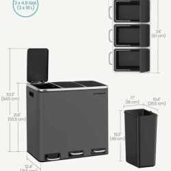 SONGMICS Cos de gunoi colectare selectiva cu 3 compartimente 3 x 18L, capace soft close, pedale, otel, 61x32x56 cm, gri mat