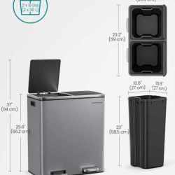 SONGMICS Cos de gunoi dublu colectare selectiva, 2x30L, cu pedale si capac soft close, galeata interioara, otel, 62x59x36 cm, gri
