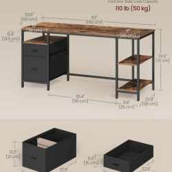 VASAGLE Birou cu 3 rafturi si 2 sertare, cadru metalic si PAL, montaj reversibil, 160x60x76 cm, maro rustic