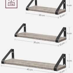 VASAGLE Raft de perete, set 3 bucati 30cm, 35cm si 40cm, 2 moduri de montare, gri si negru