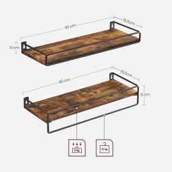 VASAGLE Set 2 rafturi perete cu bara metalica, stil industrial, 40x16x9 cm, maro rustic