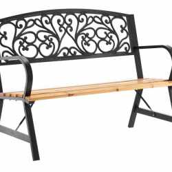 Banca de gradina din lemn si cadru otel, cu spatar decorativ, 120x56x87 cm, negru si maro natur