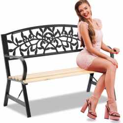 Banca de gradina din lemn si otel cu spatar decorativ model frunze, 120x56x87 cm, negru si maro natur