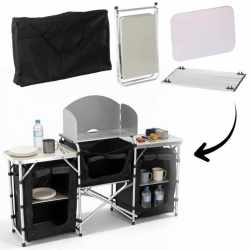 Bucatarie de camping pliabila cu 3 blaturi, cadru aluminiu, portabila pentru exterior, 175x40x111 cm