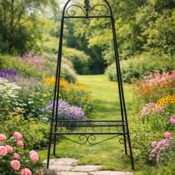 Suport flori metalic pentru ghivece, structura metalica, 49x40x99 cm, negru