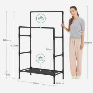 SONGMICS Raft de haine din metal, cu 2 bare de haine si 1 raft, stil industrial, 45x83x157cm, negru