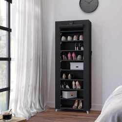 SONGMICS Dulap pentru pantofi din material textil, structura metalica, 10 niveluri, capacitate 27-35 perechi, 58x28x160 cm, negru