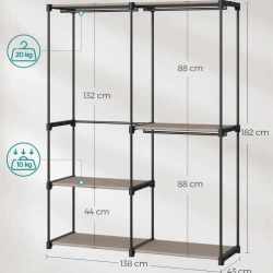 SONGMICS Dulap de haine portabil, cu 3 bare de agatat si rafturi, 138x43x182 cm, maro taupe