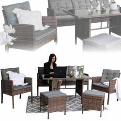 Set mobilier gradina 6 piese, rattan sintetic si otel, canapea 3 locuri, masa sticla, maro si gri