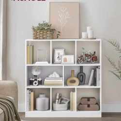 VASAGLE Biblioteca, raft cu 8 unitati de depozitare, pentru living, din lemn, 30x98x100cm, alb