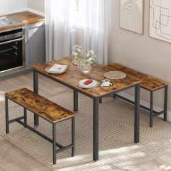 VASAGLE Masa de bar cu 2 banci, design industrial, 110x70x75 cm, maro rustic
