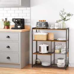 VASAGLE Raft de bucatarie, suport pentru cuptorul cu microunde, 2 cosuri de sarma, 6 carlige S, 35x80x95cm, maro rustic