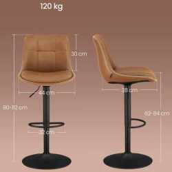 VASAGLE Set 2 scaune bar reglabile pe inaltime, rotative 360°, cu spatar si suport pentru picioare, tapiterie PU, 44x38x(90-112) cm, maro caramel