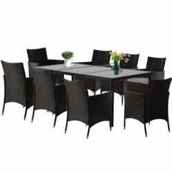 Set mobilier gradina 8 scaune si masa 196x98x73 cm, ratan si cadru otel zincat, blat masa sticla securizata, maro