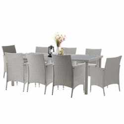 Set mobilier gradina 8 scaune si masa 196x98x73 cm, ratan si cadru otel zincat, blat masa sticla securizata, gri