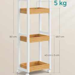 SONGMICS Carucior de baie, raft ingust cu roti, bambus si MDF, 20x30x80 cm, alb si maro natur