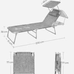 SONGMICS Sezlong pliabil, cu parasolar si tetiera, spatar reglabil in 4 pozitii, maxim 150kg, 200x71x38 cm, gri