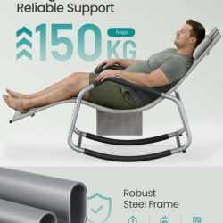 SONGMICS Sezlong balansoar gradina, cu tetiera reglabila si buzunar lateral, cadru otel, maxim 150 kg, 151x56x97 cm, gri