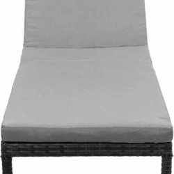 SONGMICS Sezlong gradina cu saltea groasa si tetiera, ratan PE si metal, maxim 150 kg, 195x65x40 cm, negru si gri