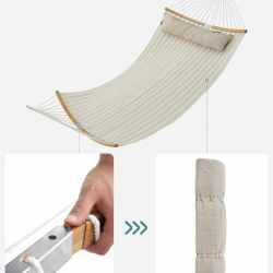 SONGMICS Hamac dublu cu bare curbate din bambus, perna inclusa, maxim 225 kg, 200x140 cm, crem
