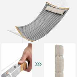 SONGMICS Hamac dublu cu bare curbate din bambus, perna inclusa, maxim 225 kg, 200x140 cm, gri