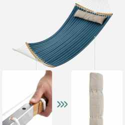 SONGMICS Hamac dublu cu bare curbate din bambus, perna inclusa, maxim 225 kg, 200x140 cm, albastru