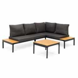 Set mobilier gradina coltar cu masa, separabil in 2 canapele tip sezlong, perne impermeabile, cadru metalic, gri si maro