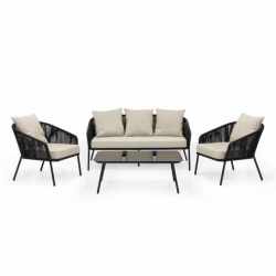 Set mobilier gradina 4 piese cu canapea sofa, 2 fotolii si masa sticla, cadru metalic, negru cu perne bej