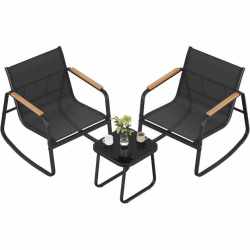 SONGMICS Set mobilier gradina cu 2 scaune balansoar si masa, cadru metalic, negru