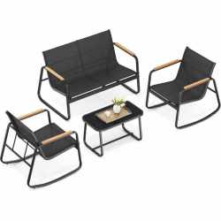 SONGMICS Set mobilier gradina 4 locuri, 2 scaune balansoar, canapea si masa, cadru metalic, negru