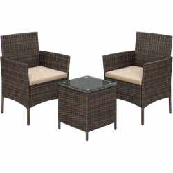 SONGMICS Set mobilier gradina cu 2 locuri, 2 scaune si masa cu sticla, ratan PE, maro
