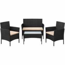 SONGMICS Set mobilier gradina 4 locuri, canapea, 2 scaune si masa cu sticla, ratan PE, negru