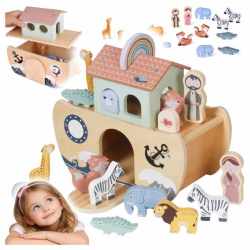 Arca lui Noe din lemn, jucarie educativa cu 17 figurine, 25x13x23 cm, multicolor