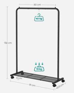 SONGMICS Suport pentru haine mobil cu roti, bara umerase si raft, stil industrial, 91x41x158 cm, negru