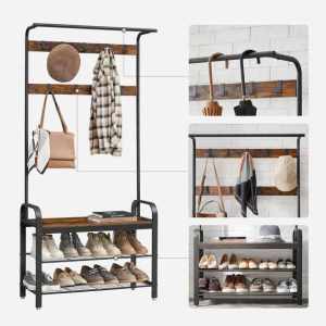 VASAGLE Cuier pentru hol cu banca si suport pantofi, stil industrial, 84x34x183 cm, maro rustic