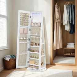 SONGMICS Oglinda de podea cu suport rotativ la 360°, cu spatiu de depozitare, material MDF, 55x55x162 cm, alb