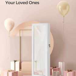 SONGMICS Dulap pentru bijuterii cu oglinda, montare pe perete sau usa, material MDF, inchidere cu cheie, 120x37x10 cm, alb