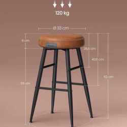 VASAGLE Set 2 scaune bar EKHO, tapiterie PU, cadru metalic, 50x50x63 cm, maro caramel