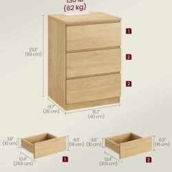 VASAGLE Noptiera Kailyn cu prize si USB integrate, 3 sertare, PAL, 40x35x59 cm, natur