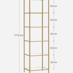 VASAGLE Raft cu trepte pentru dormitor, 6 etaje, din sticla securizata, cadru din otel, 30x40x177 cm, auriu