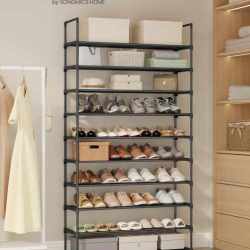 SONGMICS Raft de depozitare pantofi pe 10 niveluri, design slim, cadru metalic, 94x30x206 cm, negru