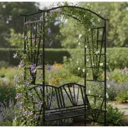 Pergola pentru gradina cu banca, suport plante cataratoare, structura otel, 114x45x208 cm, negru