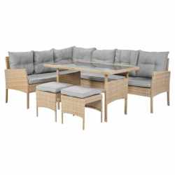 Set mobilier de gradina Berno coltar cu perne, 2 tabureti si masa, cadru otel si ratan sintetic, blat sticla securizata, bej