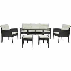 Set mobilier gradina Vaduz 6 piese, canapea 3 locuri, 2 fotolii, 2 tabureti si masa, ratan sintetic, blat sticla, negru si crem