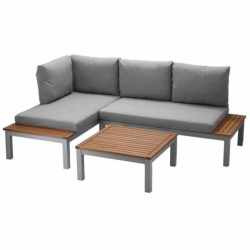 Set mobilier gradina Bohito modular cu perne, 2 canapele si masa, cadru aluminiu si lemn eucalipt, 138x76 cm, gri